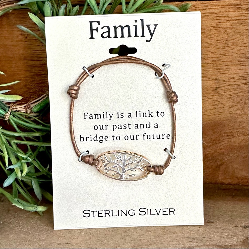 Sterling Silver Family Tree Leather Bracelet LINK TO PAST BRIDGE TO FUTURE NWT